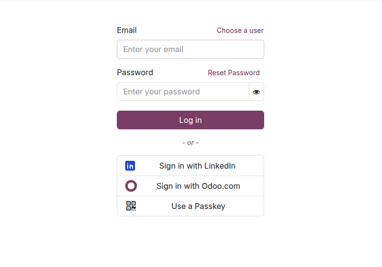 Odoo Login Page with LinkedIn Sign In button