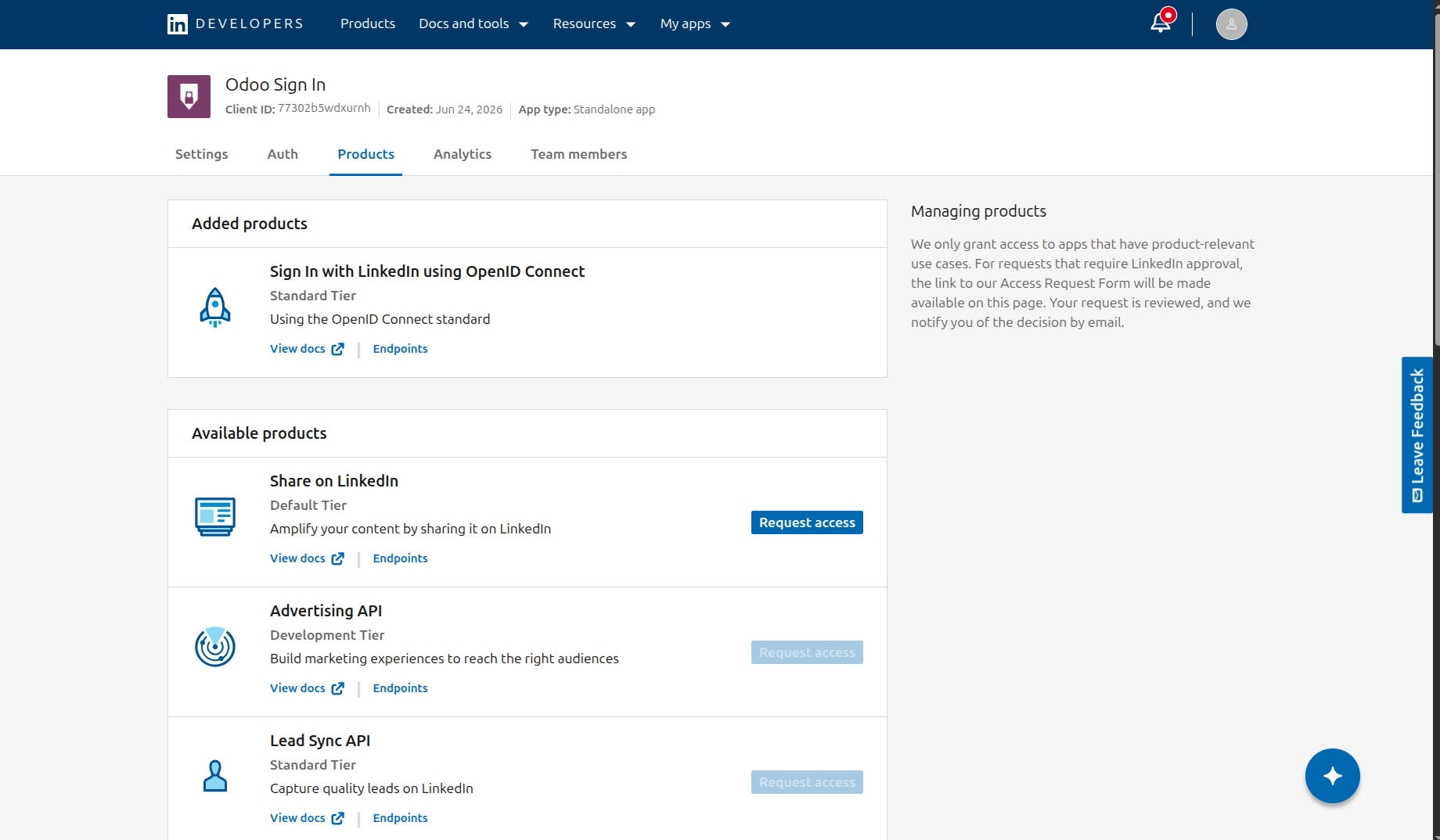 LinkedIn App Products, Sign In with LinkedIn using OpenID Connect