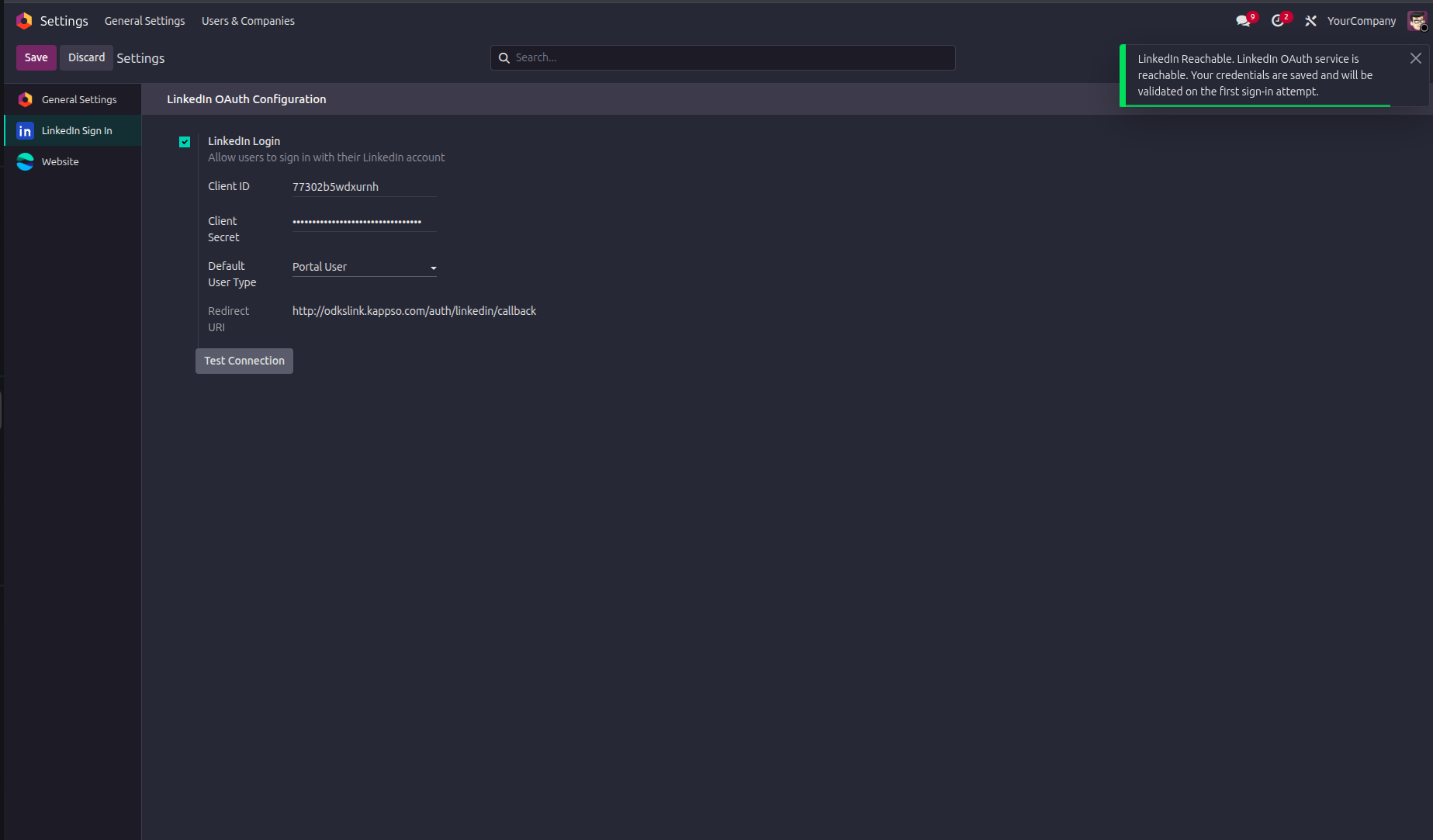 Test Connection, green success notification