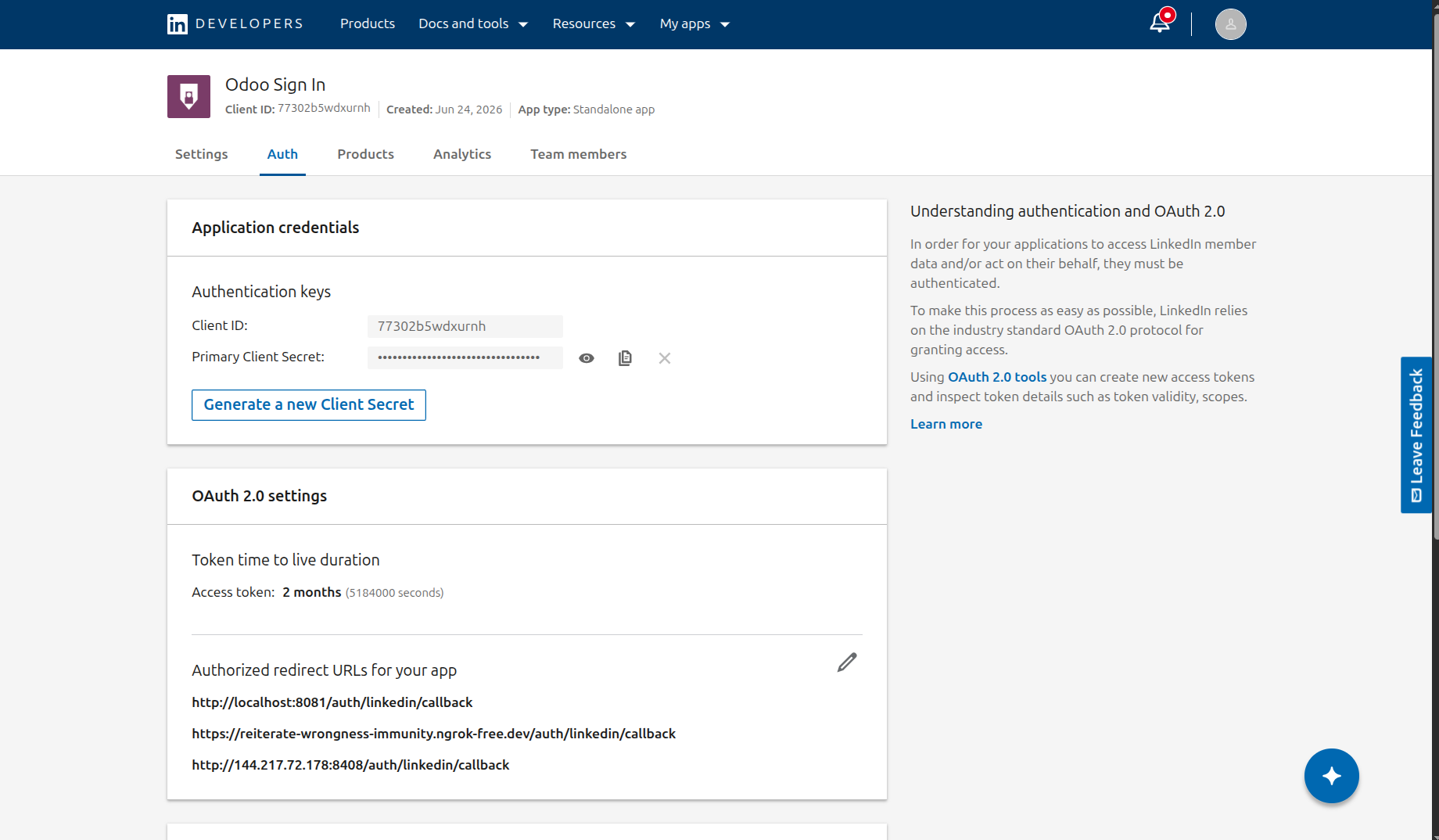 LinkedIn App Auth Tab, Redirect URI and Client ID/Secret