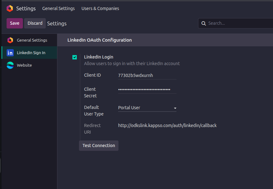 Odoo LinkedIn Settings, enabled with credentials and redirect URI