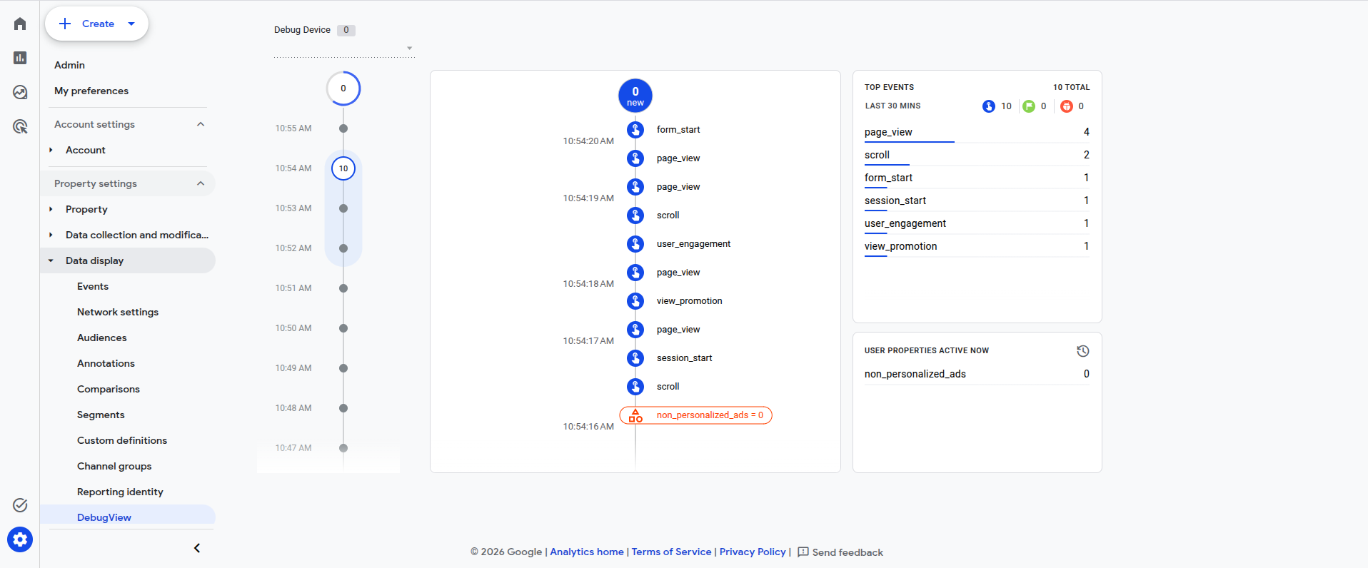GA4 DebugView showing live events