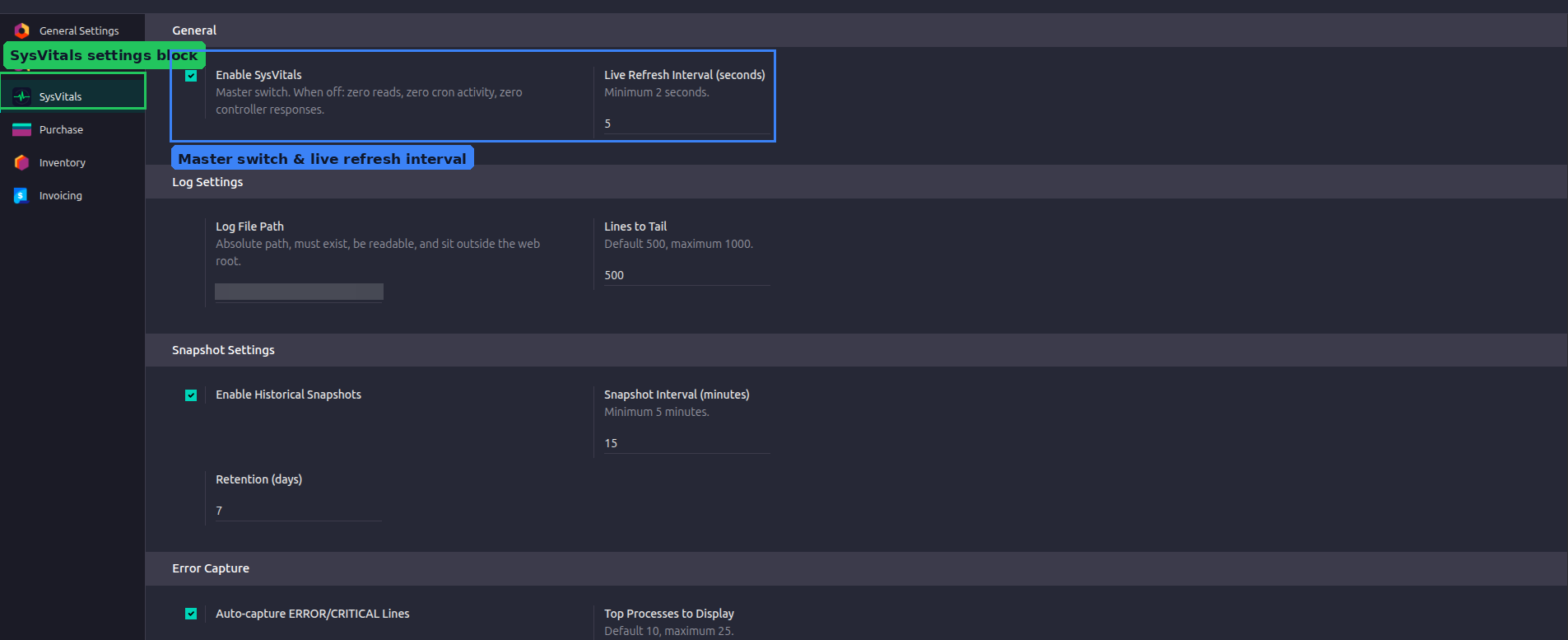 SysVitals Configuration Settings