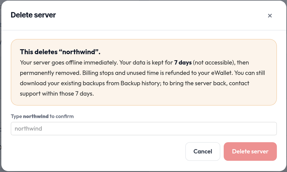 Delete server dialog