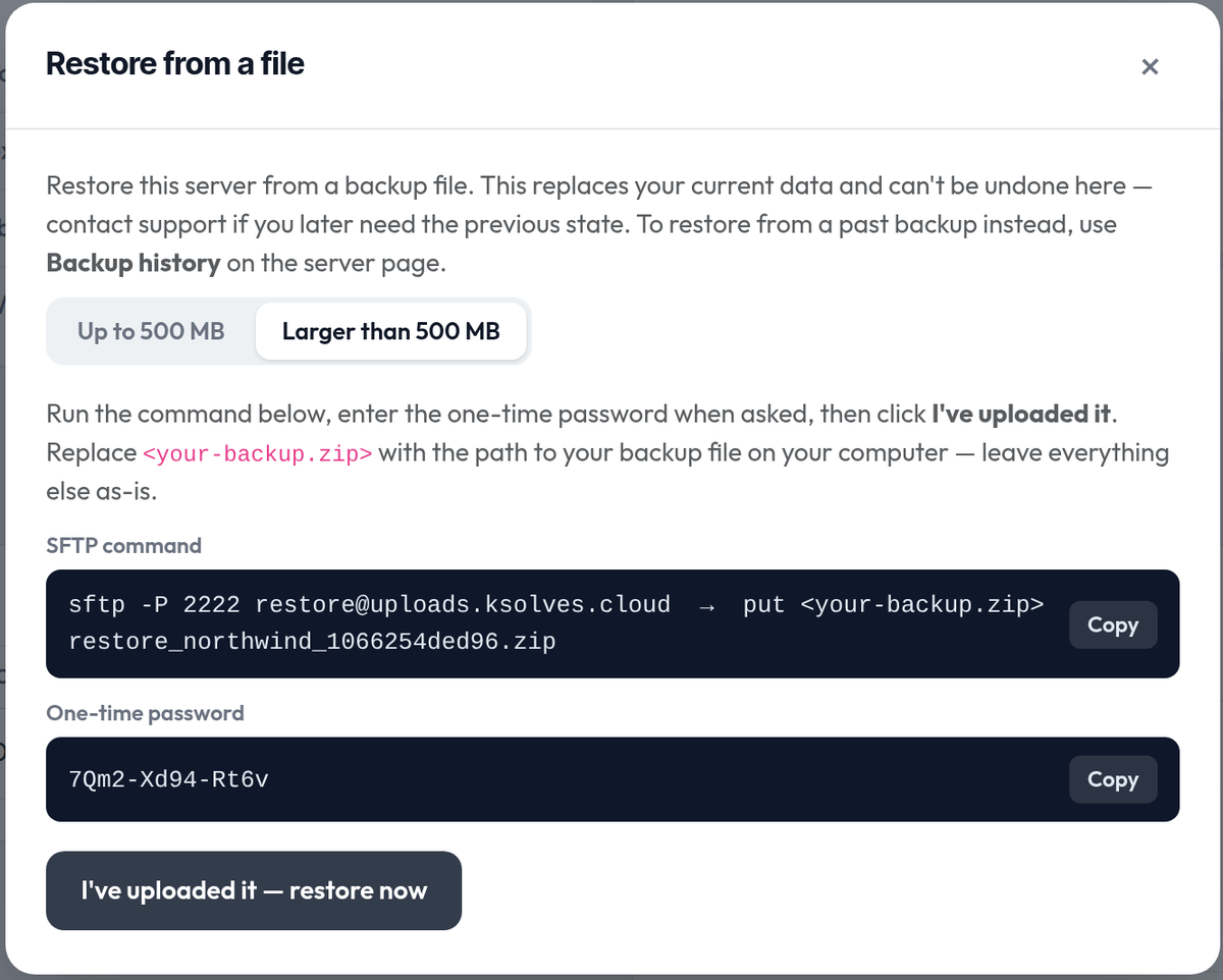 Restore dialog in large-file mode