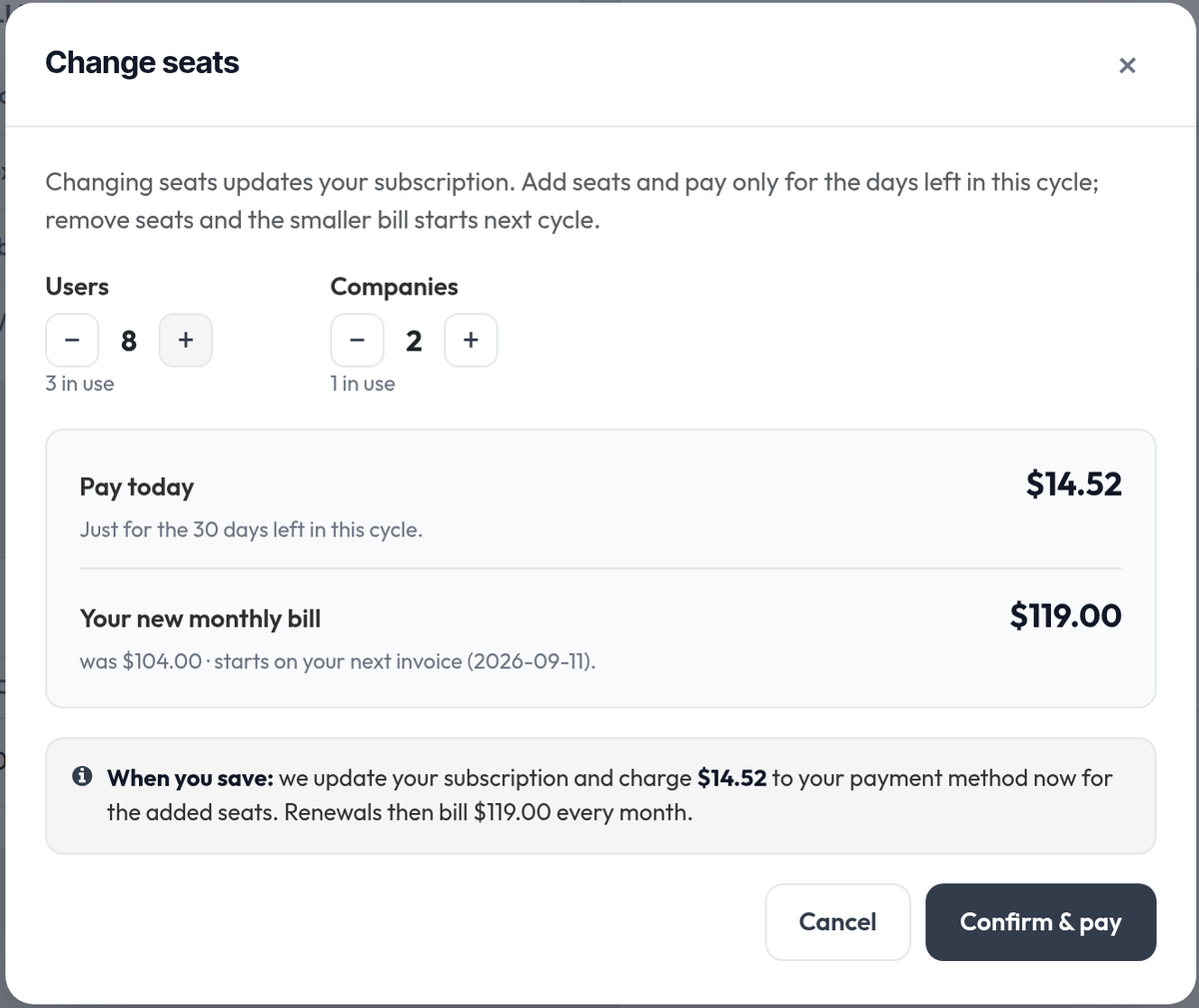Change seats dialog