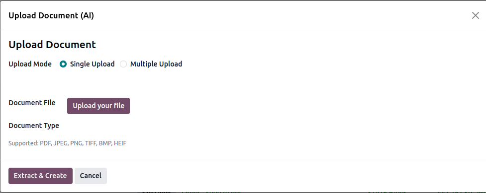 Single upload wizard in AI Document Intelligence showing file upload, document type selector and Extract & Create button