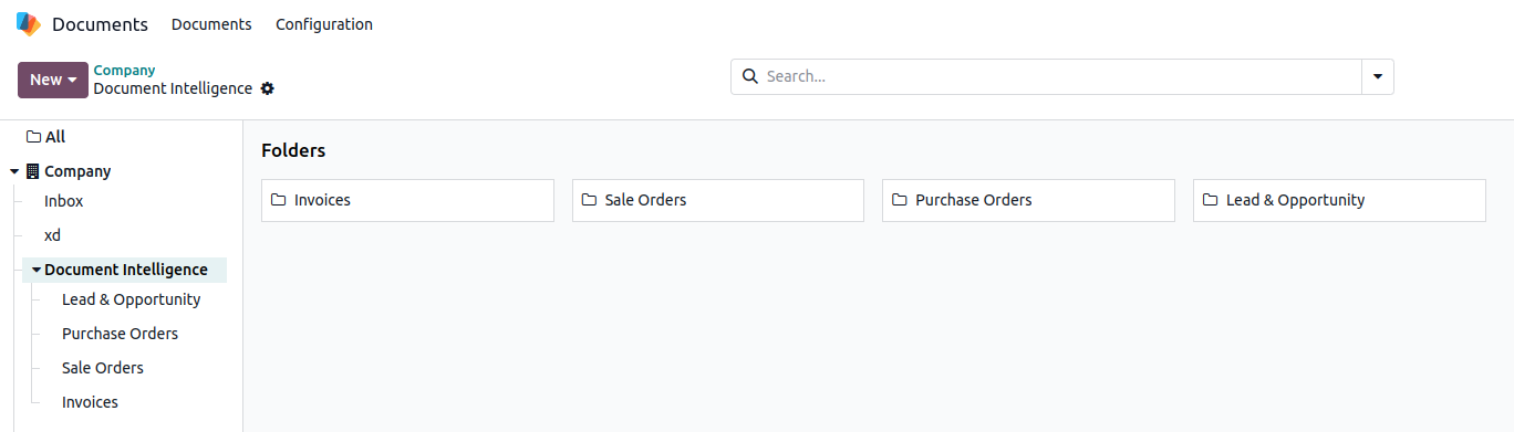 AI Document Intelligence folder structure in Odoo Documents showing Invoices, Sale Orders, Purchase Orders, Lead & Opportunity folders