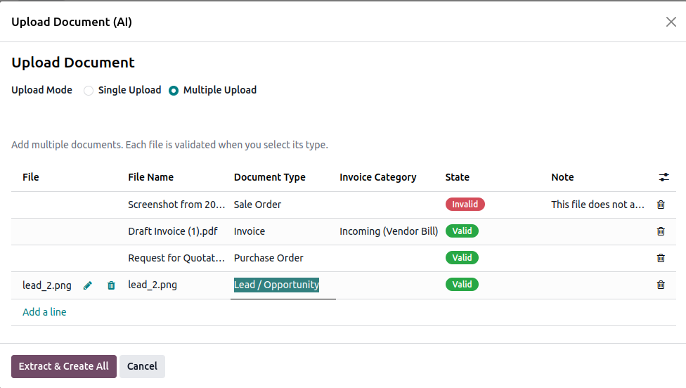 Multiple upload wizard showing batch document upload with Valid/Invalid status per row and Extract & Create All button