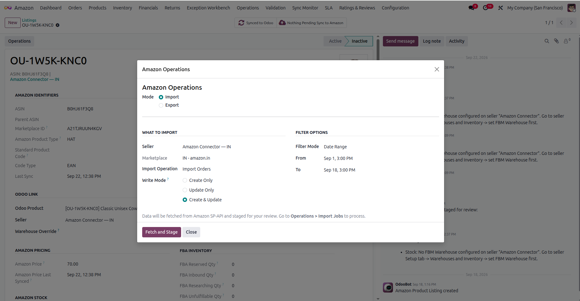 Amazon Operations wizard in import mode