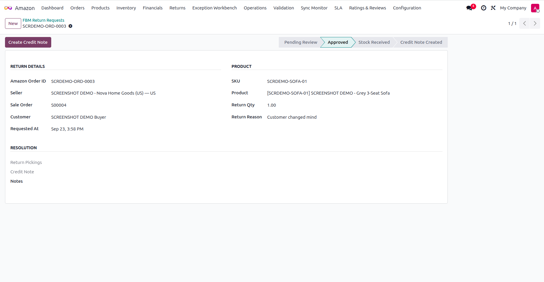 FBM return request detail with resolution status