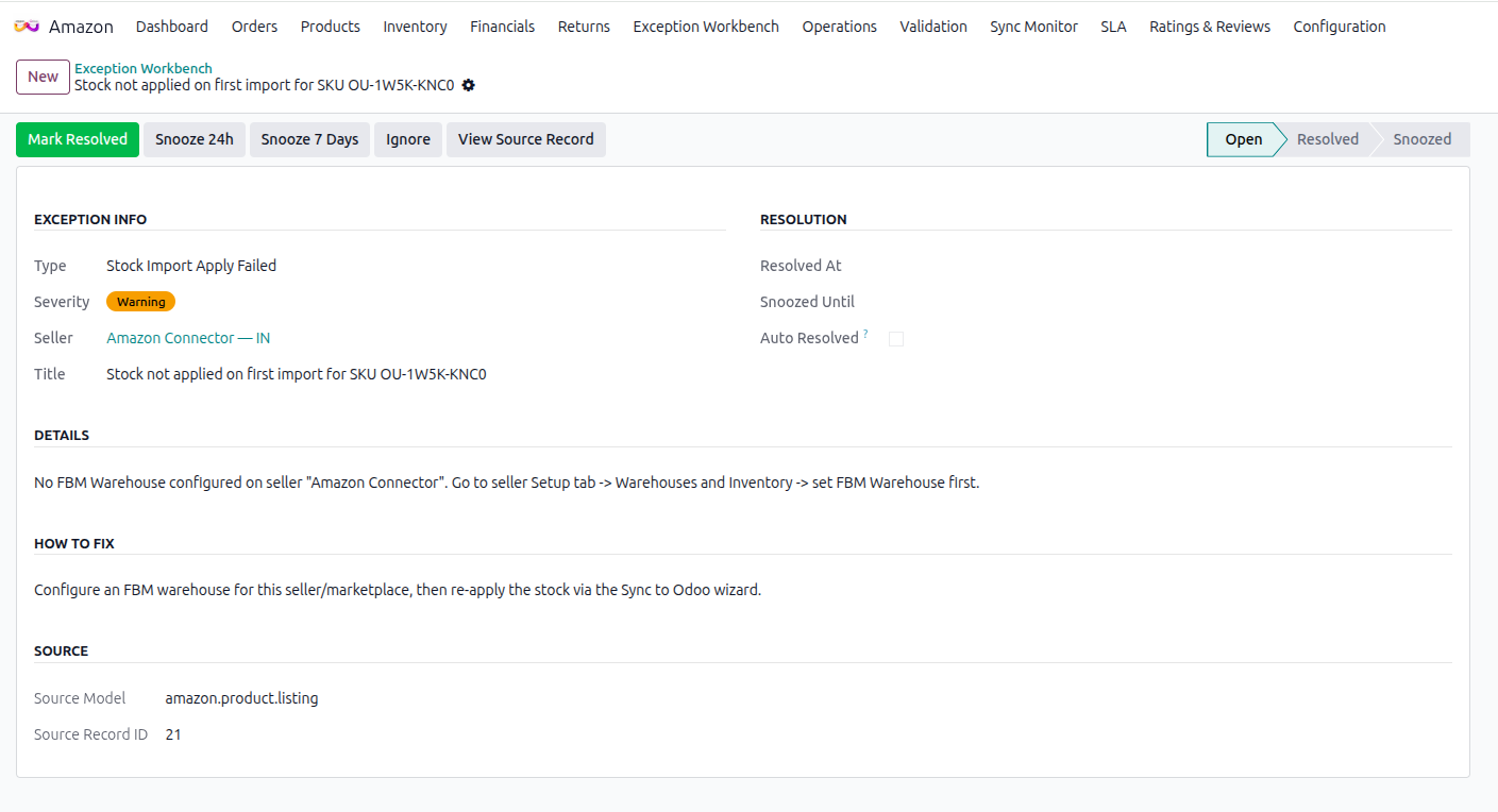 Exception workbench with a stock-sync exception and its fix