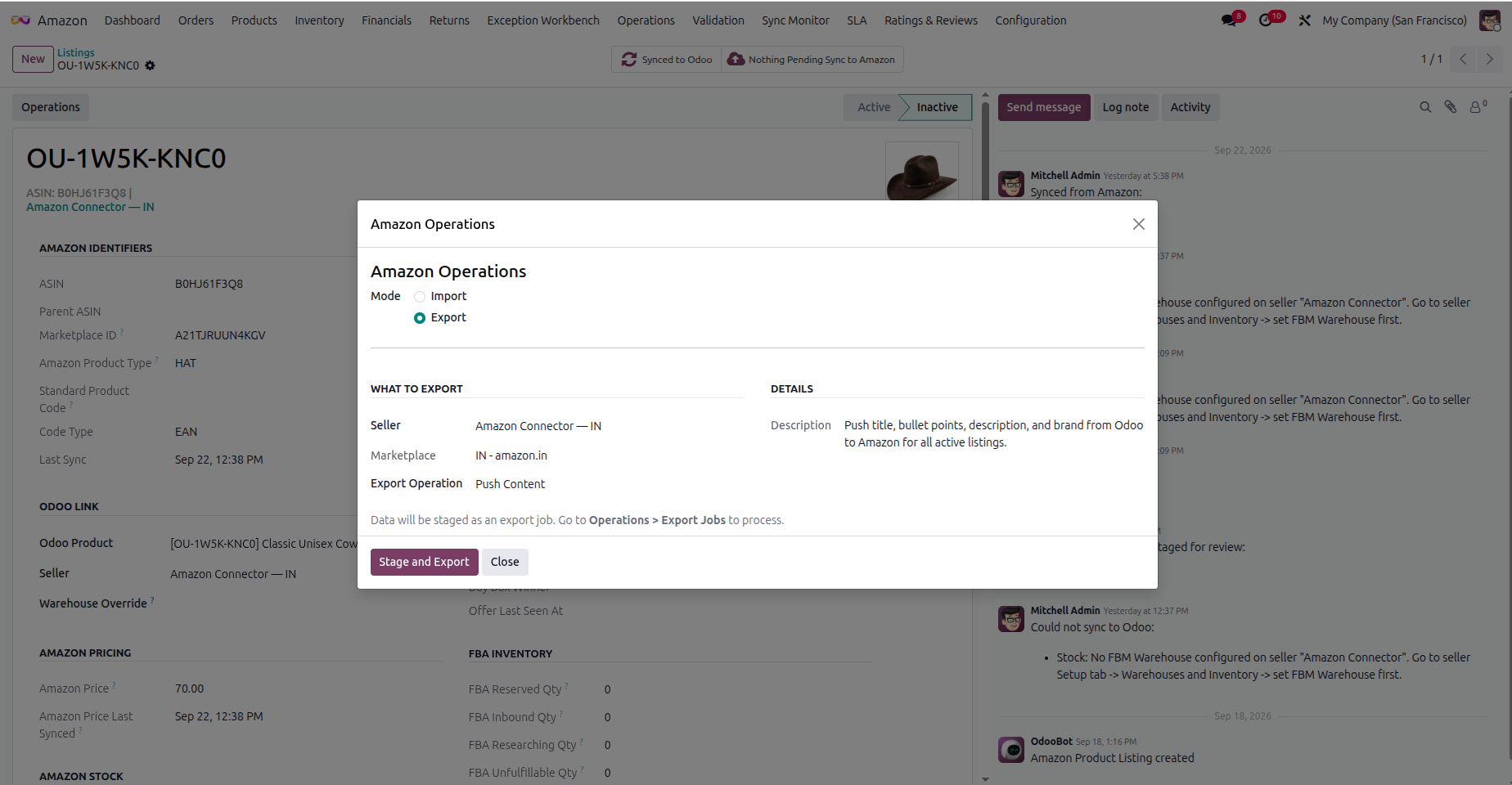 Amazon Operations wizard in export mode