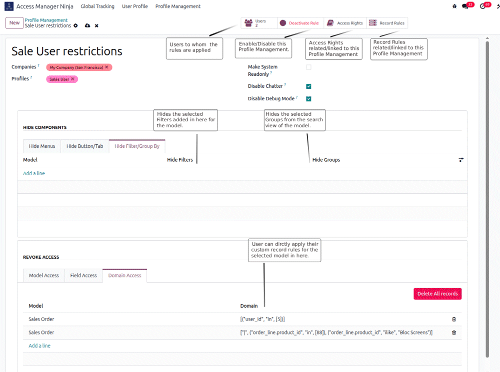 User profile management interface in Access Manager Ninja
